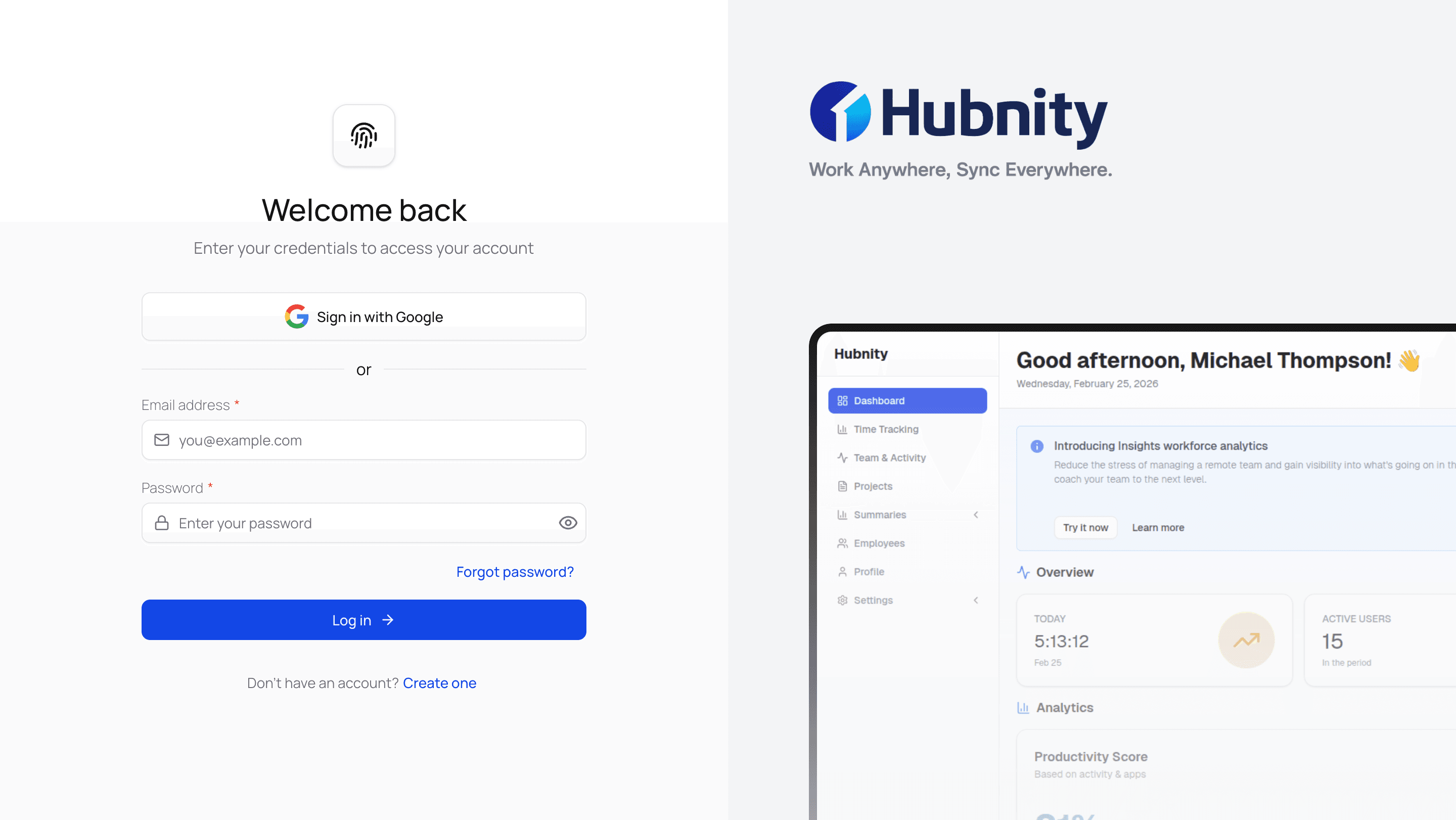 Hubnity secure login and authentication screen
